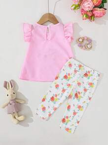 Baby Girl Pink Summer Cute Family Matching Bunny Embroidered Cap Sleeve Top & Floral Print Leggings Set,Suitable For Easter Outing,Party,Photography - Pink - View 2