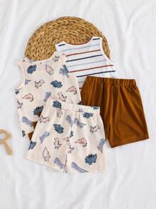 SHEIN 4 Packs New Born Baby Boy Sleeveless Vest & Matching Shorts Set + 2 Sets Striped T-Shirt, Dinosaur Print, Casual All-Match Outfit For Summer All Occasions - Multicolor - View 2