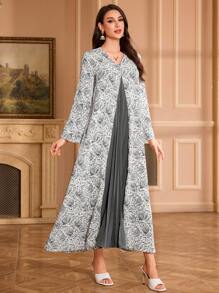 Al Najma 传统印花拼布褶皱设计宽松阿拉伯风格连衣裙，端庄 - 灰色 - 查看 6