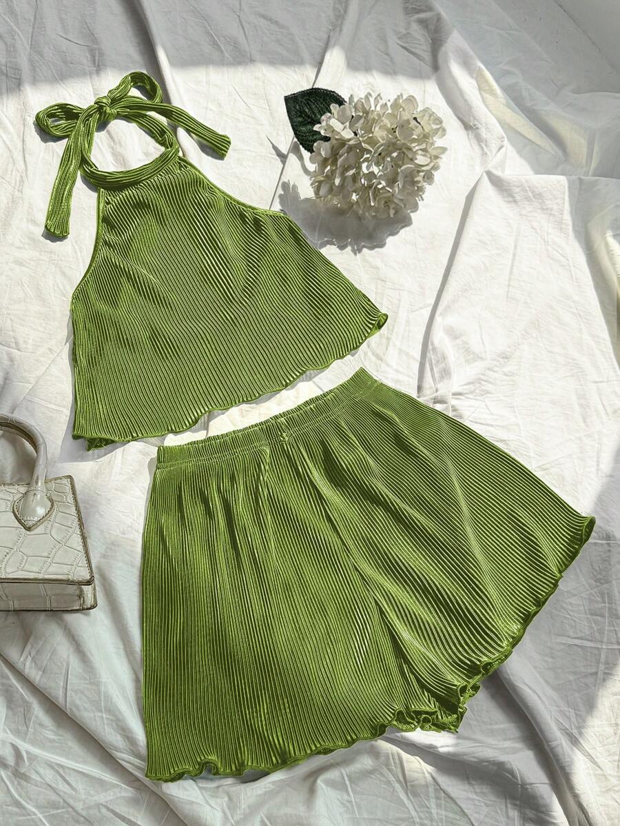 SHEIN Unity Women's 2pcs Solid Color Halter Top & Mini Skirt Set, Fashionable For Summer - Green - View 1