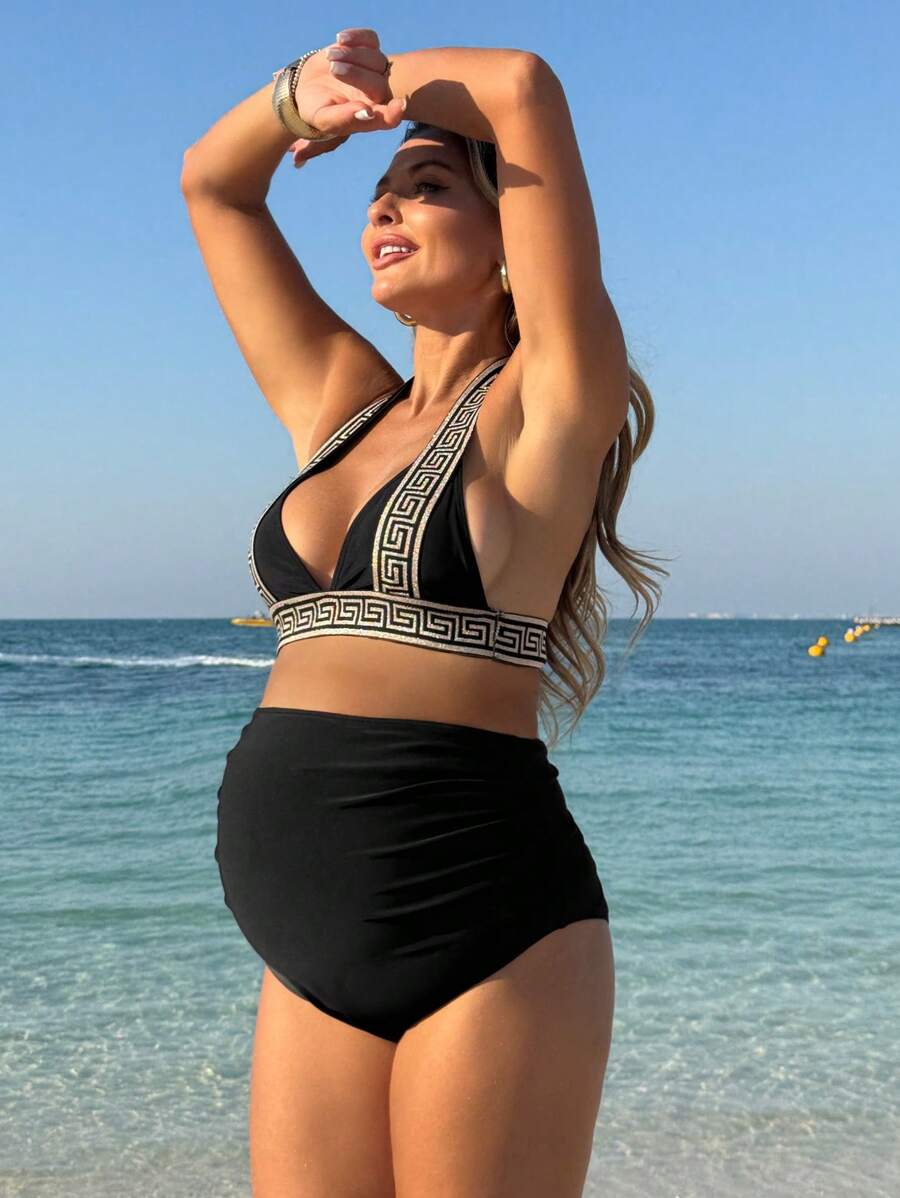 SHEIN Maternity Geometric Print Halter Cut-Out Tankini Bikini Set Set For Summer Beach Vacation - Black - View 1