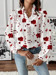 SHEIN Clasi Camicia lunga da donna con maniche lunghe, bordo increspato e stampa floreale, modello lungo - Rosso - Visualizzare 6