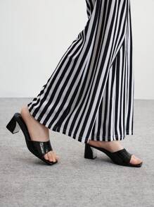 CUCCOO BIZCHIC Women Summer New Stone Texture Embossed Solid Color Square Toe Metal Chunky Heel All-Match Versatile Commuter Black Ladies High Heel Sandals Slippers Office Workwear Fashion - Black - View 5