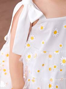 Babygirl Elegant Floral Pattern Mesh Ruffle Strap Summer Dress - White - View 5