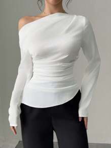 SHEIN PETITE Blusa elegante de manga larga con pliegues y hombros oblicuos de unicolor simple para mujer - Blanco - Ver 1