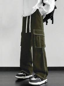 Claim Dot 男士抽绳腰部工装口袋阔腿宽松休闲裤阔腿男裤男士宽松工装裤工装裤男士宽松 - 軍綠色 - 查看 1