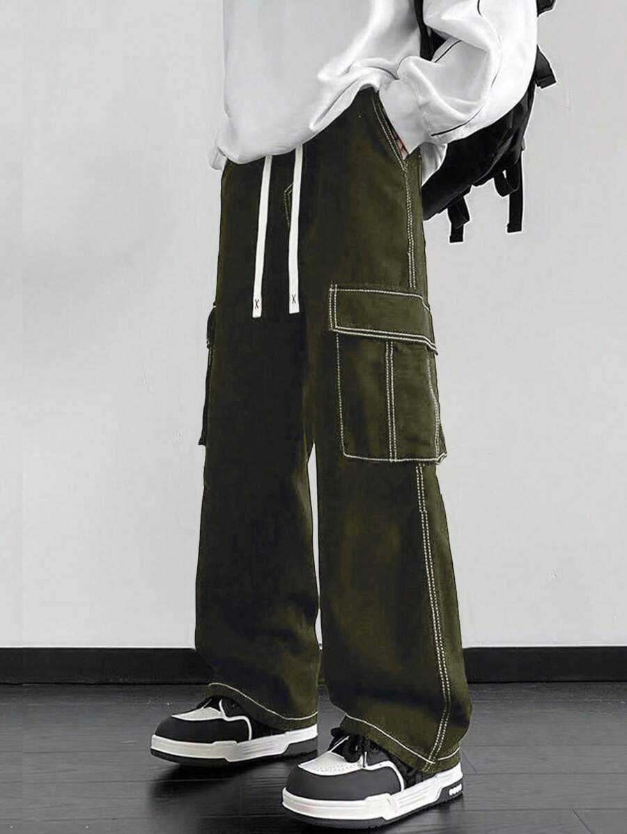 Claim Dot 男士抽绳腰部工装口袋阔腿宽松休闲裤阔腿男裤男士宽松工装裤工装裤男士宽松 - 軍綠色 - 查看 1