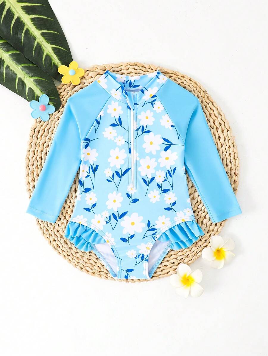 SHEIN Toddler Girls Island Palm Leaf Print Long Sleeve One-Piece Swimsuit With Adorable Ruffle Trim Raglan Sleeve Sun Protection - Multicolor - View 1