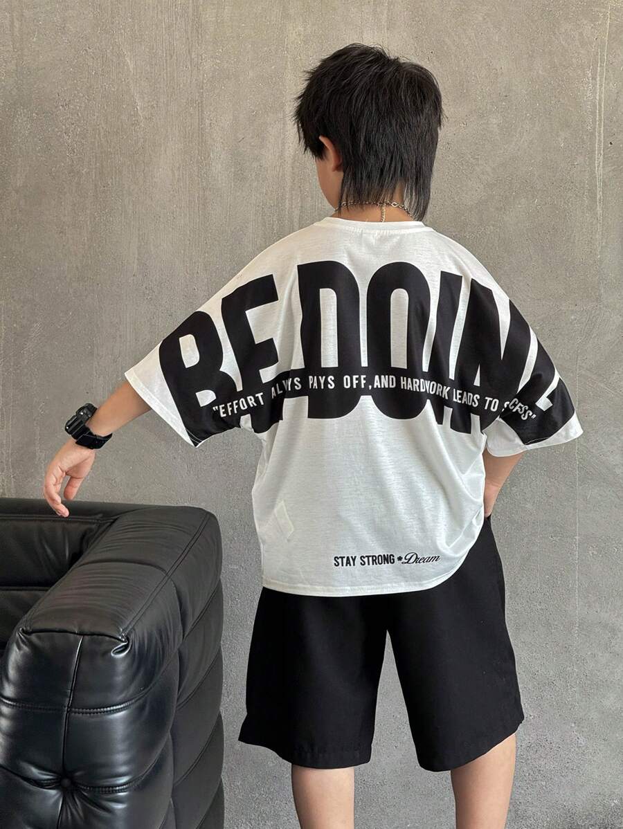 Young Boy Casual Korean Style Loose Fit Street Big Letter Graphic Round Neck Short Sleeve T-Shirt, Suitable For Commuting, School, Daily Casual Wear, Sports, Spring/Summer - White - View 1