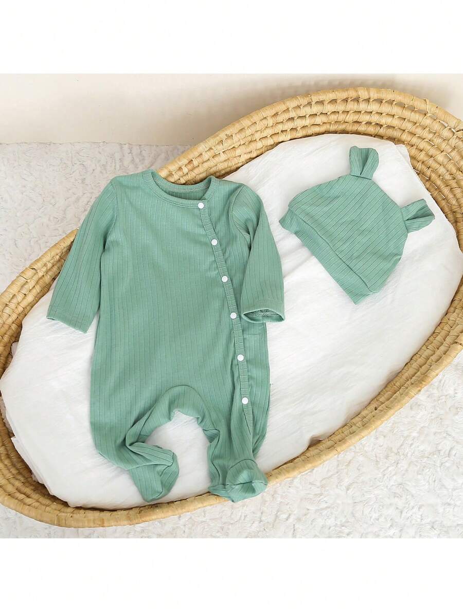 新生婴儿男女童两件套绿色条纹休闲装，舒适长袖连体衣，带帽子，春夏