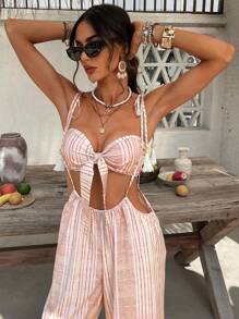 SHEIN VCAY 女士度假休闲条纹抹胸上衣和流苏长裤两件套