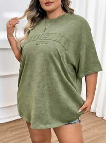 SHEIN CURVE+ Plus Size Vintage Distressed 3D Letter Graphic Loose T-Shirt, Curve Plus, Boho Vacation - Green - View 8