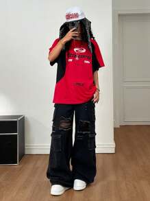 Coolane 女士夏季街头时尚运动时尚撞色休闲字母印花圆领插肩短袖宽松 T 恤