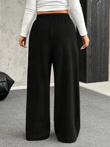 SHEIN EZwear 大码深灰色羊毛保暖柔软休闲抽绳宽松裤 - 黑色 - 查看 2