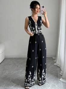 Chiquease 2 pièces/Set Femme Élégante Décontractée Minimaliste Débardeur Et Pantalon, Mode Quotidienne - Noir - Voir 5