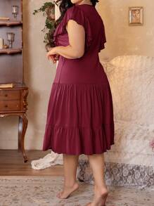 Plus Size Summer Tie-Front Cap Sleeve Nightgown - Burgundy - View 2