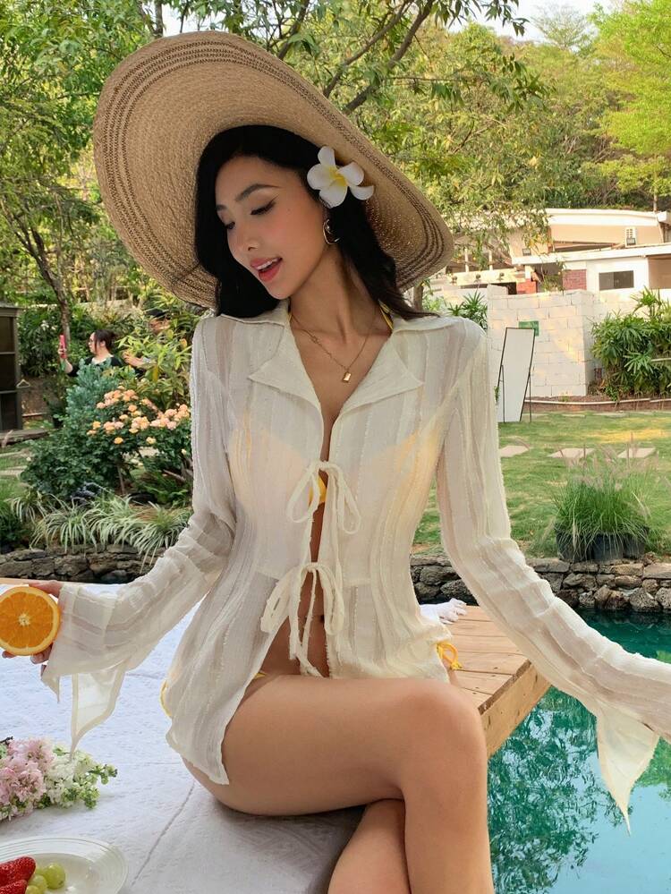 Lightweight V-Neck Long Sleeve Sun Protection Shirt With Tie, For Summer Beach Resort Vacation