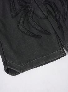 ROMWE MEN Street Life Pantalones cortos casuales de hombre con lavado y bordado de araña, para verano - Negro - Ver 4