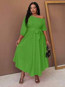 Maweii Plus Size Women Woven Asymmetrical Asymmetrical Neck Belted A-Line Dress Maxi Women Outfit - Lime Green - View 5