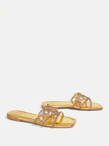 CUCCOO TILAWA Women's Fashion Square Toe Casual Outdoor Slip-On Sandals With Gold Rhinestone, Comfortable Flat Ladies Summer Slides - Gold - View 6