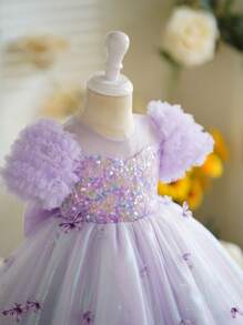 SHEIN Vestido de fiesta de estilo princesa con mangas abullonadas, con flores 3D y lentejuelas para niñas jóvenes, para cumpleaños, eventos escolares y verano