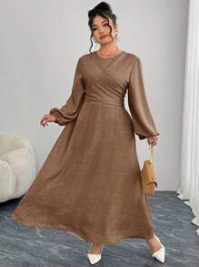 Modelyn Plus Size Simple Elegant Textured Lantern Sleeve Dress - Khaki - View 5