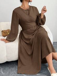 Modelyn Plus Size Solid Color Long Sleeve Dress, Fashionable For Summer - Coffee Brown - View 6