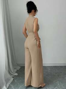 Elenzga Pearl Beaded Sleeveless Cinched Waist Khaki Jumpsuit,Elegant,Summer,Party,Women's Stacked Neck Wide Leg Jumpsuit For Wedding Evening Gowns - Khaki - View 2