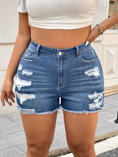 SHEIN ICON Plus Size Washed Distressed Frayed Hem Denim Shorts, Casual Summer