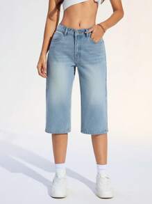 SHEIN EZwear Women's Loose Fit Casual Straight-Leg Capri Jeans With Pockets - Blue - View 1