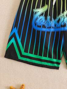 SHEIN Explorewe Tween Boy Letter Striped Drawstring Waist Beach Shorts, Graphic Print - Multicolor - View 4