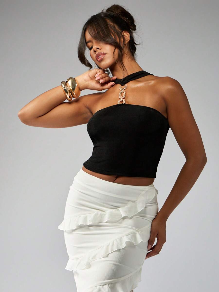 MISSGUIDED Chain Embellished One Shoulder Bandeau Crop Top Sleeveless Party Club Evening Summer Festival Fashion Tank - Black - View 1