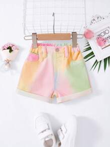 SHEIN Baby Girls Multicolor Denim Shorts With Pockets: Cute Tie-Dye Summer Shorts For Toddlers And Infants - Multicolor - View 7