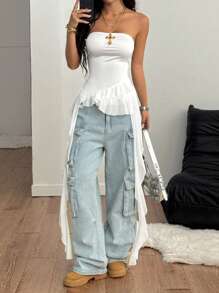 Coolane Women's Summer/Spring Y2K Graphics Contrast Lace Sport Tube Ruffle Mini Skirts,Tube Top - White - View 6