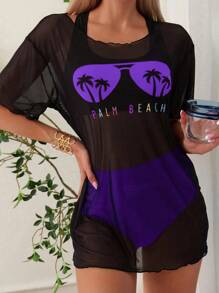 SHEIN Swim 女士拼色性感比基尼套装带字母印花短袖雪纺罩衫，夏季海滩