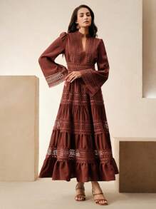 Anewsta 纯色蕾丝拼接优雅女装，适合春季、节日、休闲、度假、节日 - 鏽棕色 - 查看 3