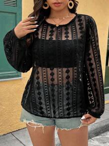 Breezaya Plus Size Women Geometric Mesh Round Neck Long Sleeve Sheer Loose Top - Black - View 1