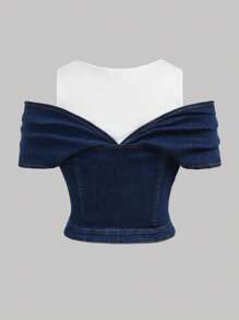 SHEIN MOD Plus Size Dark Blue Denim Top 2 In 1 Design High Elastic Denim One Shoulder Elegant Summer Tops - Dark Wash - View 2