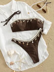 Swim Vcay 2 pezzi Bikini senza spalline con tracolla staccabile color marrone madreperlato, decorato con nappine, conchiglie e stelle marine, costume da bagno semplice e elegante per vacanze al mare per donne