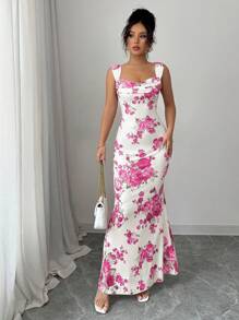 Elenzga 女士低胸玫瑰印花修身优雅吊带裙 - 粉色 - 查看 4