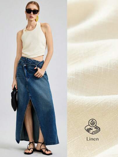 Ontre 2025新款不对称扭结设计女士吊带背心，挂脖式，亚麻面料系带露背上衣，度假休闲装，米色春季款