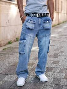 Manfinity EMRG Men's Medium Wash Denim Carpenter Jeans With Multiple Pockets And Zipper Detail - Medium Wash - View 4