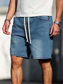 Manfinity Homme Plus Size Men's Summer Casual Washed Drawstring Waist Loose Denim Shorts
