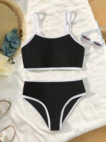 Tween Girls Solid Color Splice Pattern Casual Bikini Set - Black and White - View 8