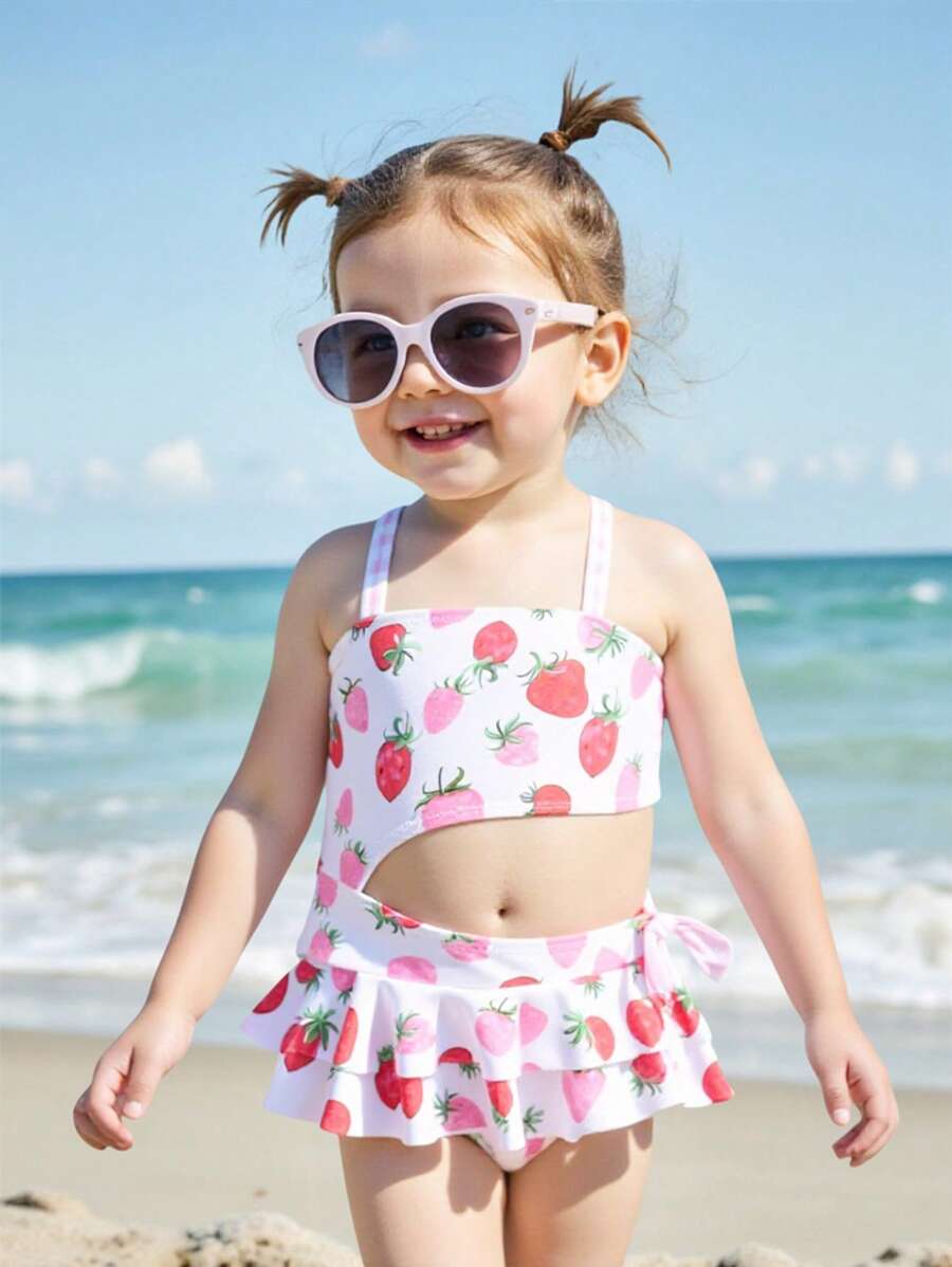 Baby Girl Cute Strawberry Print Waist Cutout Ruffle One-Piece Swimsuit - Multicolor - View 1