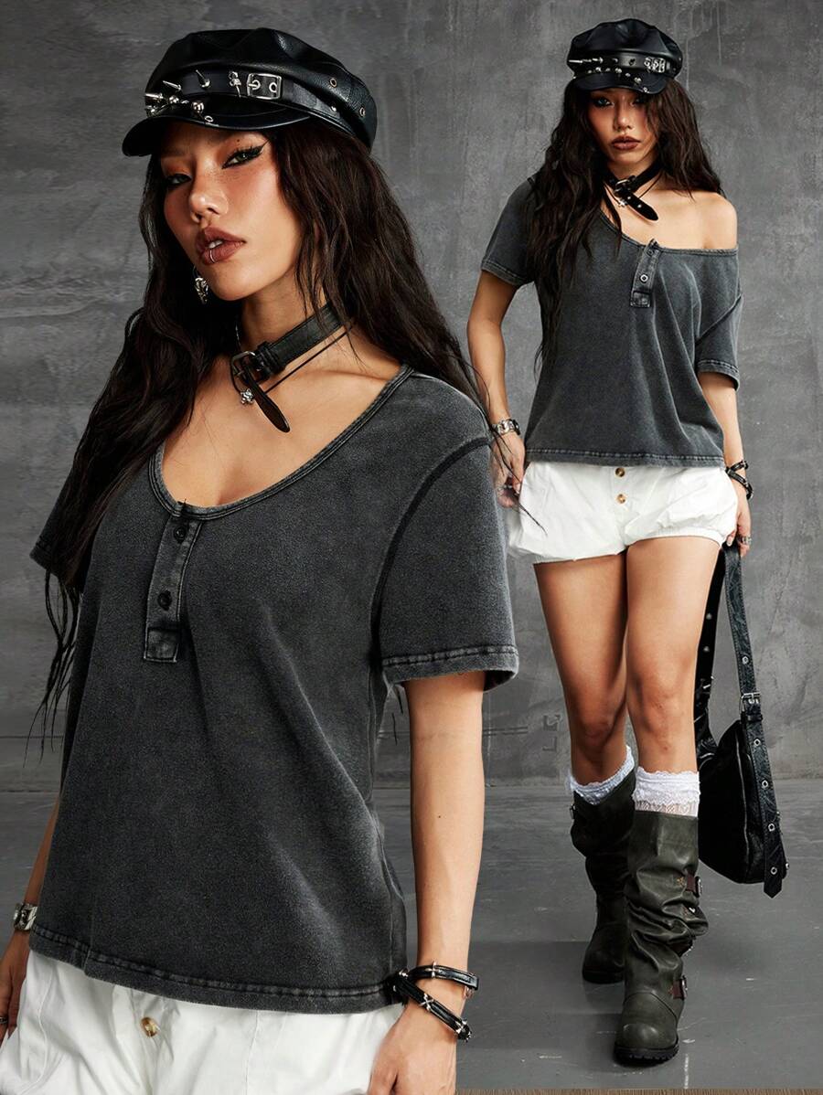 Coolane Women's Summer Cowgirl Streetwear Vintage Grunge V-Neck Loose Dirty T-Shirt For Music Festival