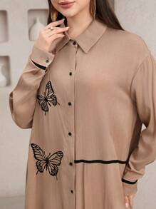 Veilorie Women's Elegant Loose Butterfly Embroidery Front Button Long Dress - Khaki - View 6