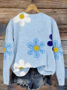 SHEIN LUNE Casual Floral Print Loose Fit Crew Neck Long Sleeve Sweatshirt For Women
