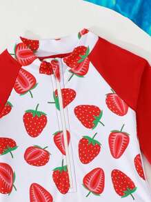 SHEIN Toddler Girls' Strawberry Print Long Sleeve Zipper One-Piece Swimsuit With Cute Ruffle Raglan Sleeves For Sun Protection - Multicolor - View 3