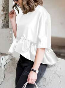 INAWLY Blusa elegante de mujer con bajo con volantes de unicolor - Blanco - Ver 1